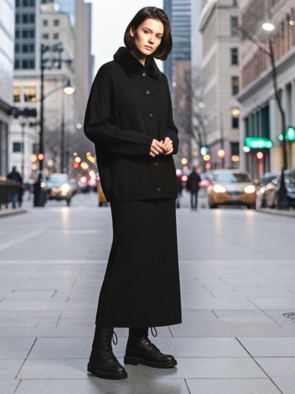VT KAREN LESSLY BLACK 2PC GOTH JACKET W FAUX FUR COLLAR LONG MIDI PENCIL SKIRT